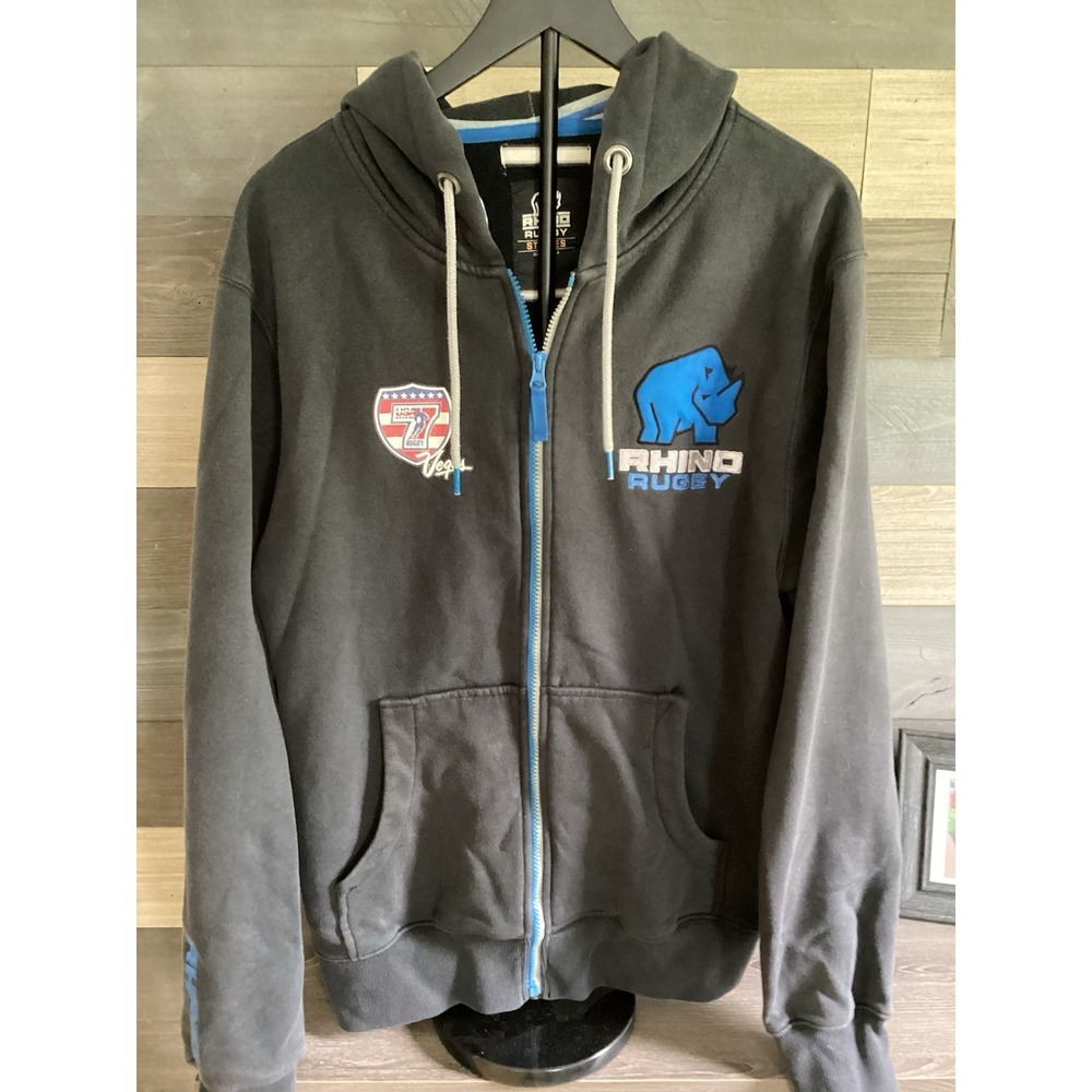 Vtg Rhino Rugby Full Zip Hoodie Size Large Blue Vegas